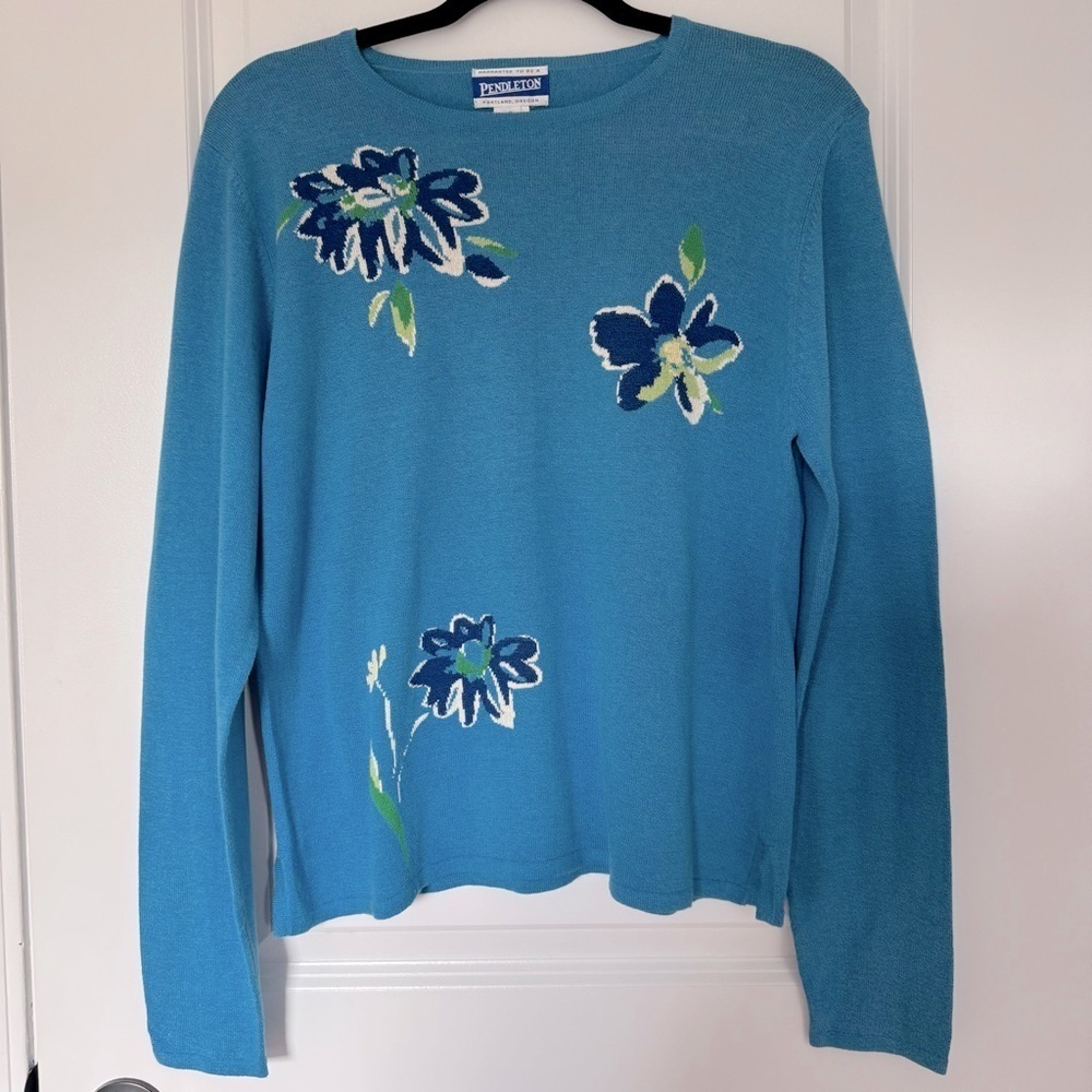 Pendleton Teal Cotton Blend Sweater with Floral Accents Size Small